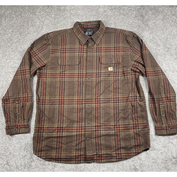 Carhartt Flannel Shirt Mens 2XL Tall Loose Fit Plaid Cotton Utility Brown - Picture 2 of 12